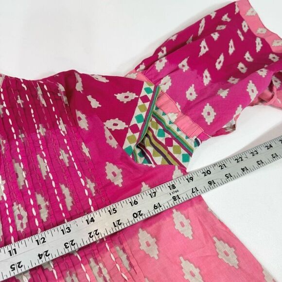 Velzera Tunic Top Womens Small Multicolor Geometric Bell Sleeve Pintuck Boho - Picture 7 of 8